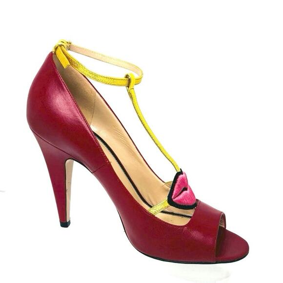 Gucci Molina Embroidered Lips T-Strap Red/Gold Leather Pumps 37.5 - Picture 2 of 11